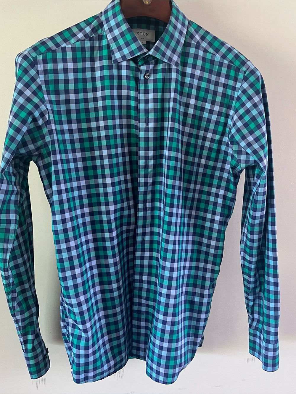 Men’s Eton Blue & Green Gingham Button-down Shirt: XL Slim Fit